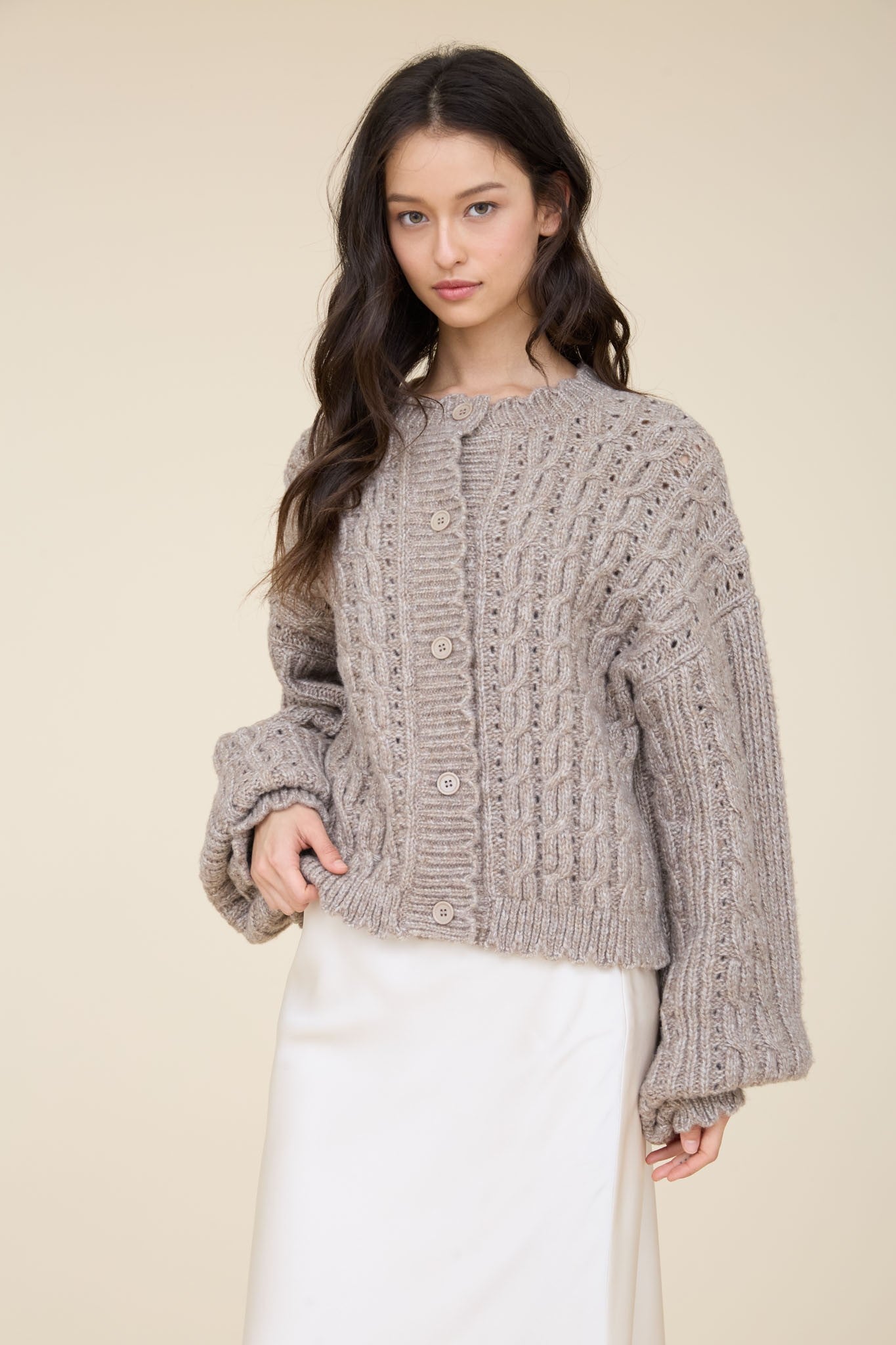 Eyelet Cable Knit Scalloped Trim Knit Cardigan