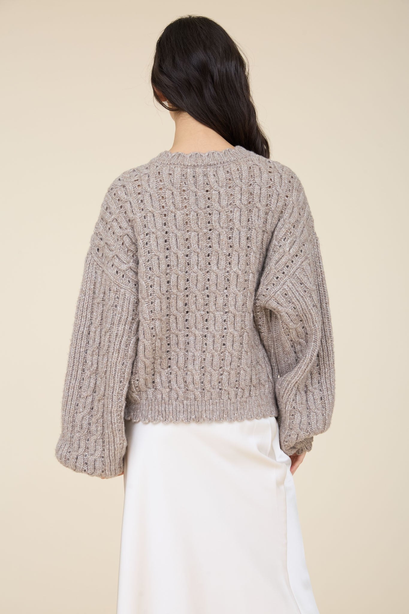 Eyelet Cable Knit Scalloped Trim Knit Cardigan