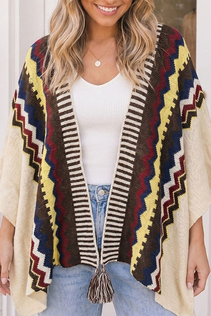 Aztec Print Knit Tassel Poncho Wrap - styled look