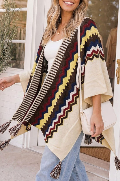 Aztec Print Knit Tassel Poncho Wrap - front view