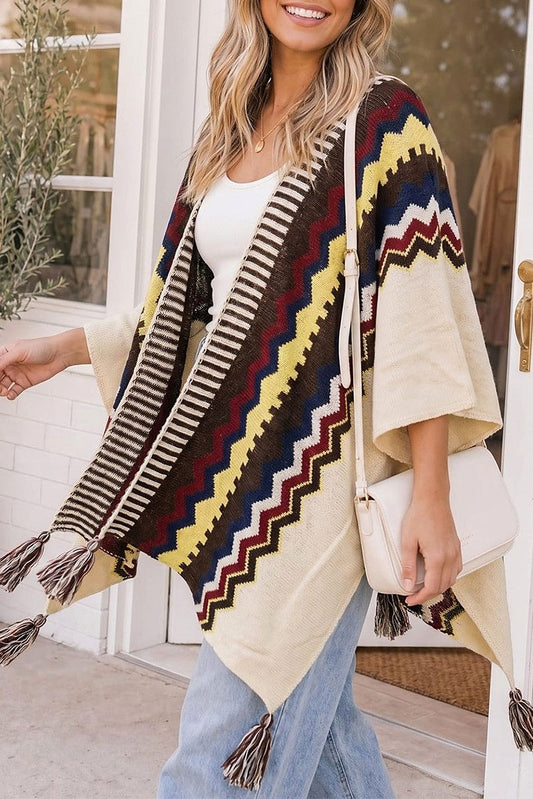 Aztec Print Knit Tassel Poncho Wrap - front view