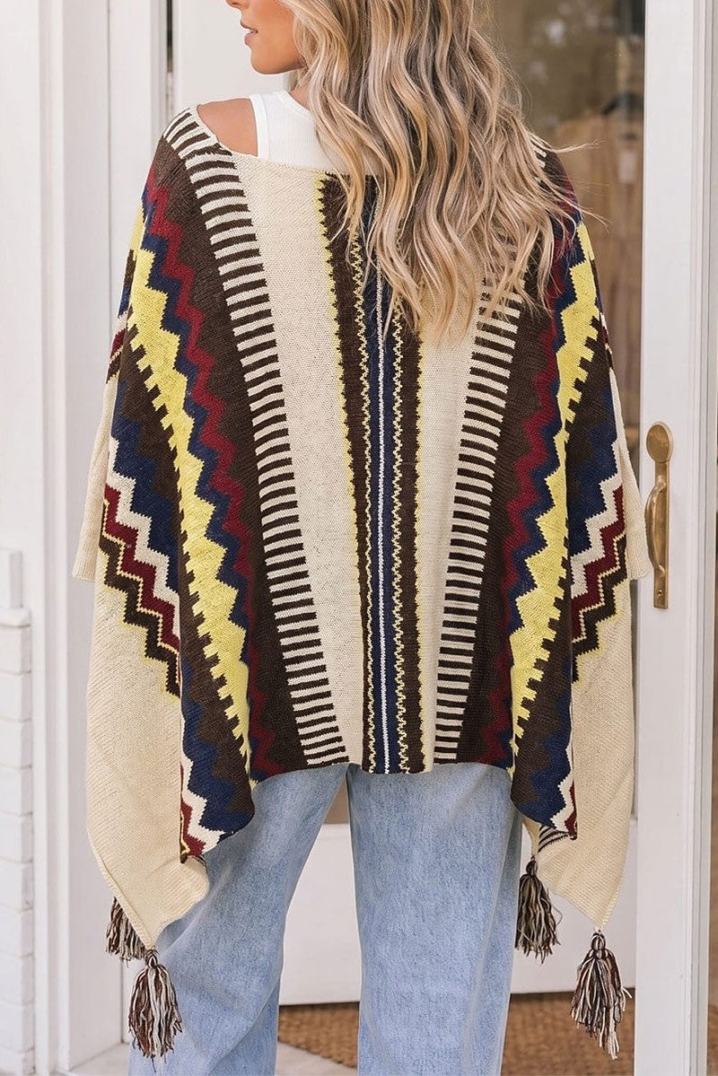 Aztec Print Knit Tassel Poncho Wrap - back view