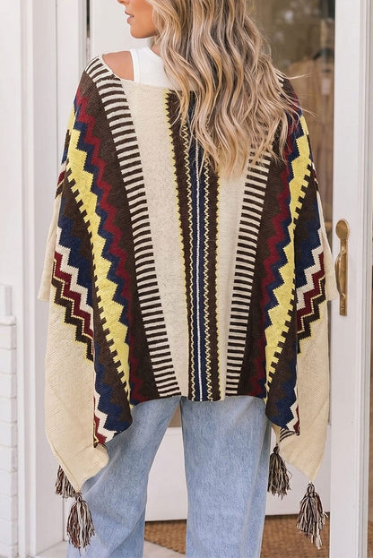 Aztec Print Knit Tassel Poncho Wrap - back view