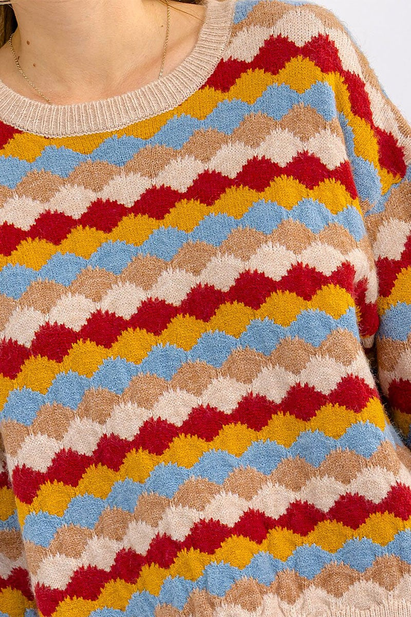 Long Sleeve Colorblock Pullover Sweater - pattern close up
