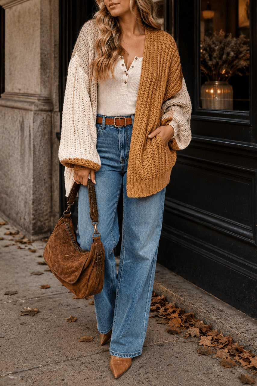 Open Front Colorblock Knit Cardigan - styled street look