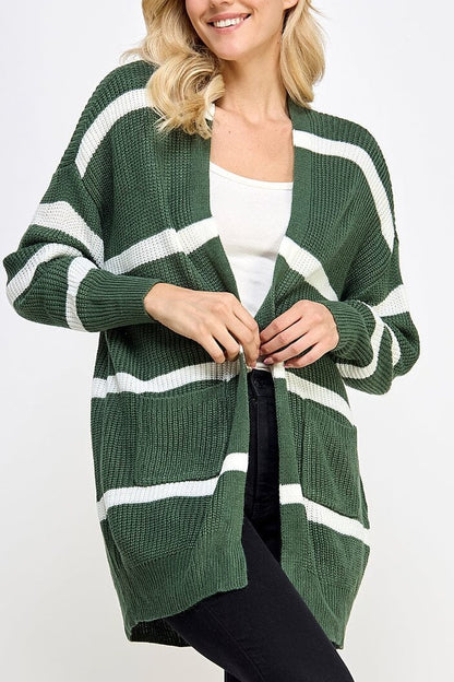 Front Pocket Colorblock Stripes Cardigan - front close up