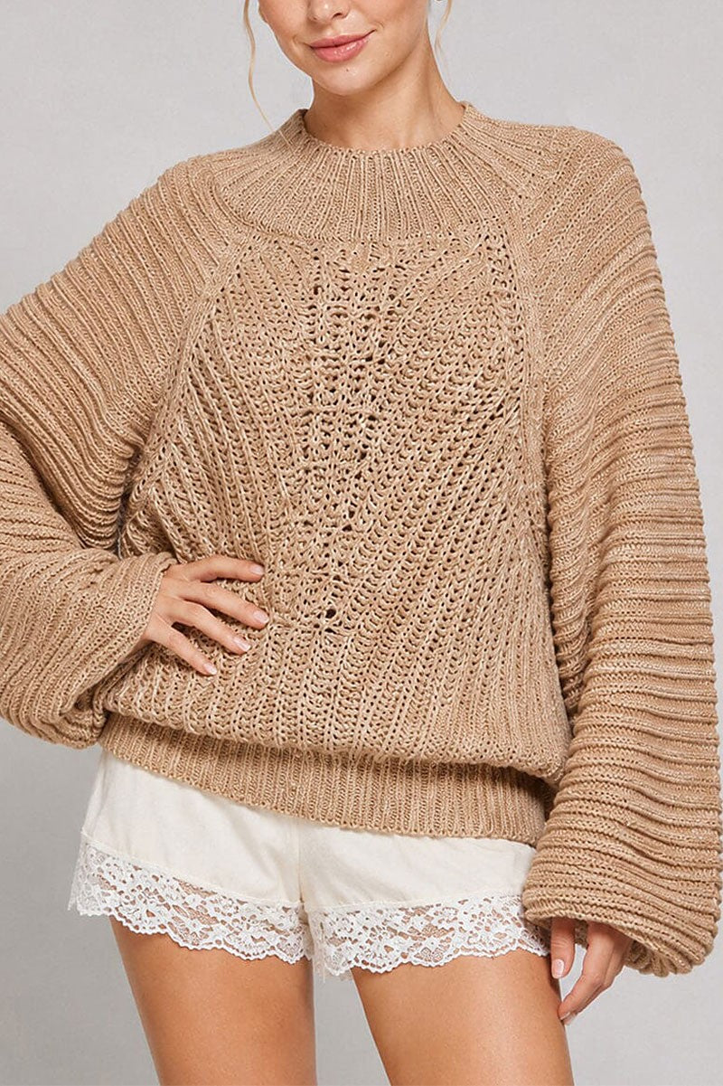 Long Balloon Sleeve Knit Pullover Sweater - front view