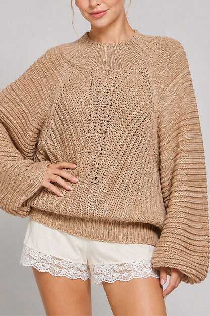 Long Balloon Sleeve Knit Pullover Sweater - front view