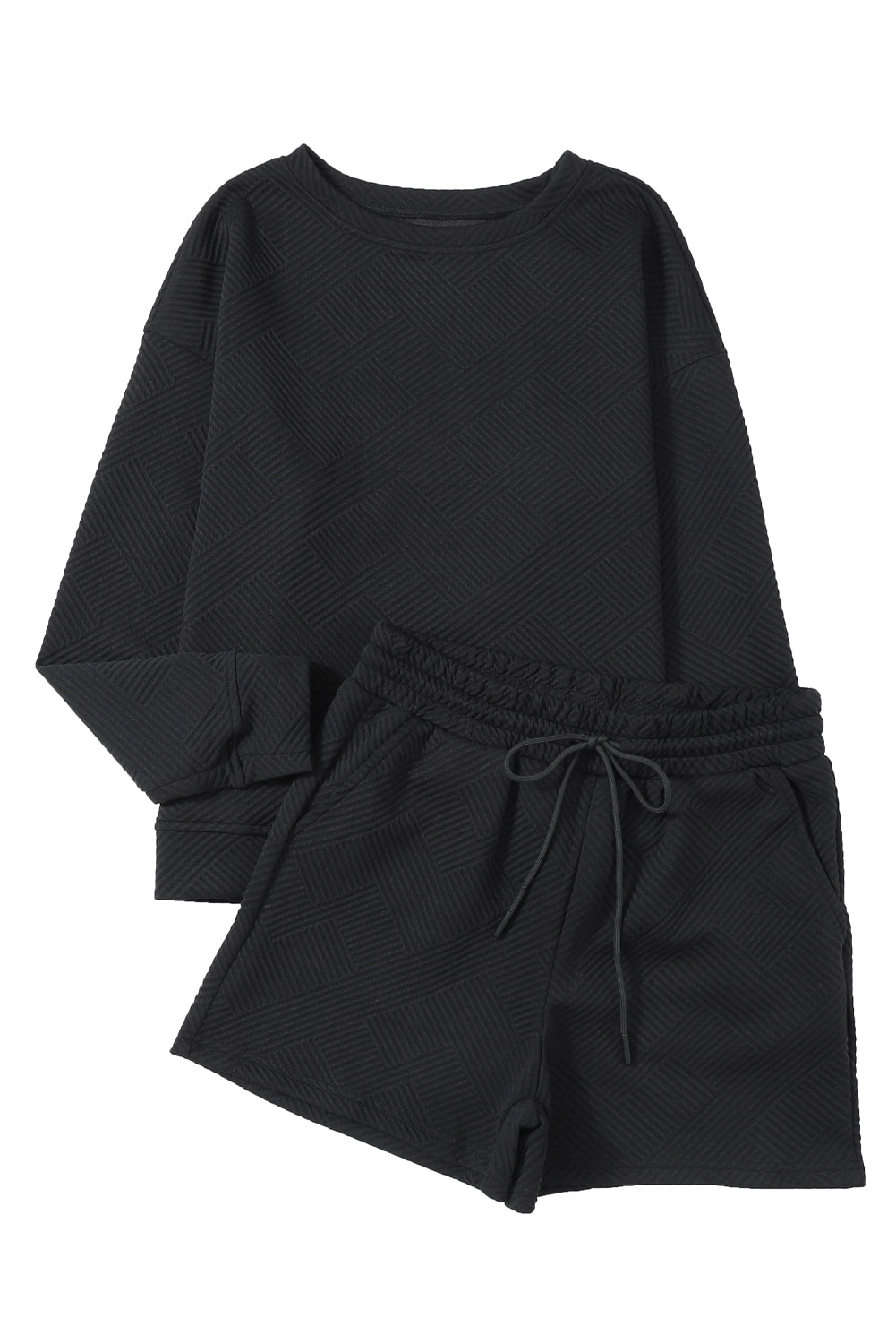 Gray Textured Long Sleeve Top & Drawstring Shorts Set