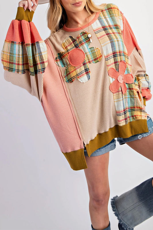 Multicolor Plaid Flower Patchwork Waffle Drop Shoulder Loose Top