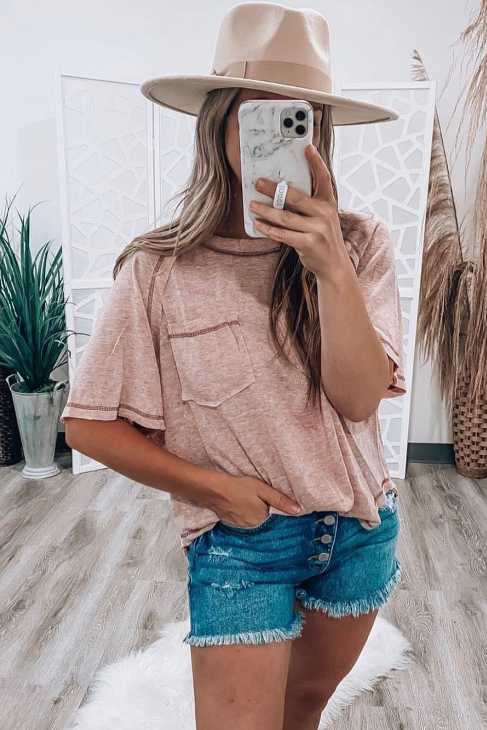 Dusty Pink Exposed Seam Loose Fit T Shirt