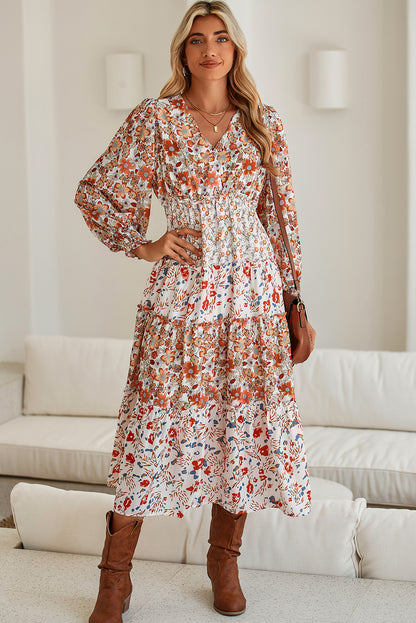 Khaki Floral Print Ruffled Tiered Long Sleeve V Neck Midi Dress