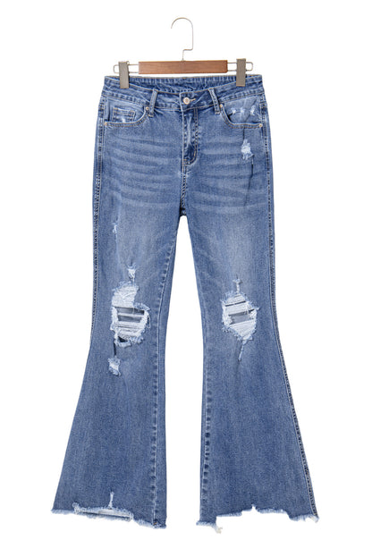 Dusk Blue High Rise Ripped Distressed Hem Flared Jeans