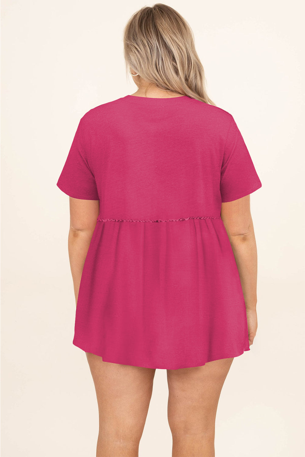 Rose Red Solid Color Short Sleeve Flowy Plus Size Top