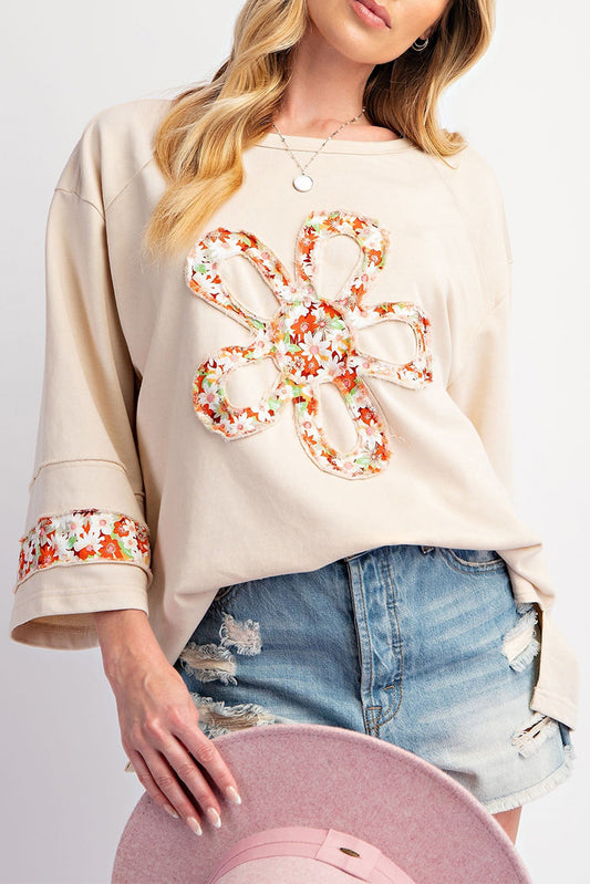 Beige Flower Exposed Seam Patchwork Loose Top