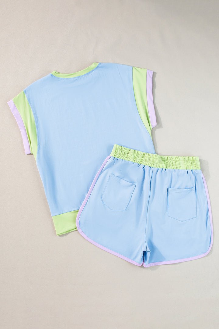 Peach Blossom Color Block Loose Fit Top & Elastic Waist Shorts Set