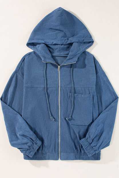 White Corduroy Drawstring Hooded Pocket Zip Up Jacket