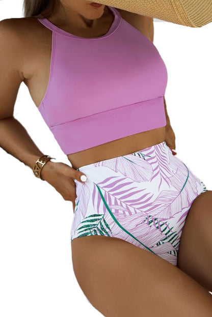 Tropical Print Back Split Color Block High Waisted Swimsuit