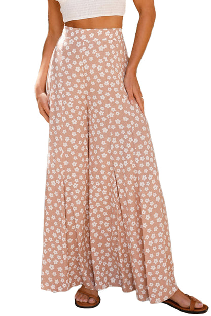 Khaki Boho Floral High Waist Wide Leg Flare Pants