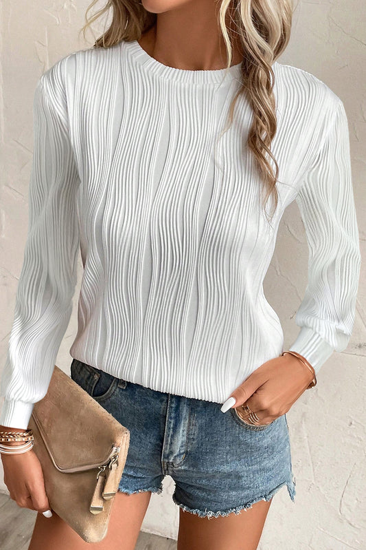 White Wavy Textured Solid Color Drop Shoulder Pullover Top