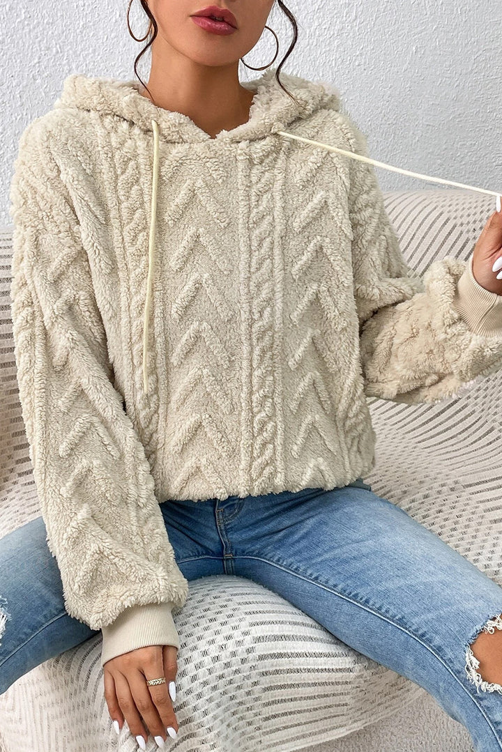 Beige Textured Drawstring Drop Shoulder Hooded Sweatshirt