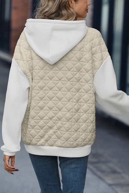 Beige Drop Shoulder Kangaroo Pocket Patchwork Quilted Hoodie