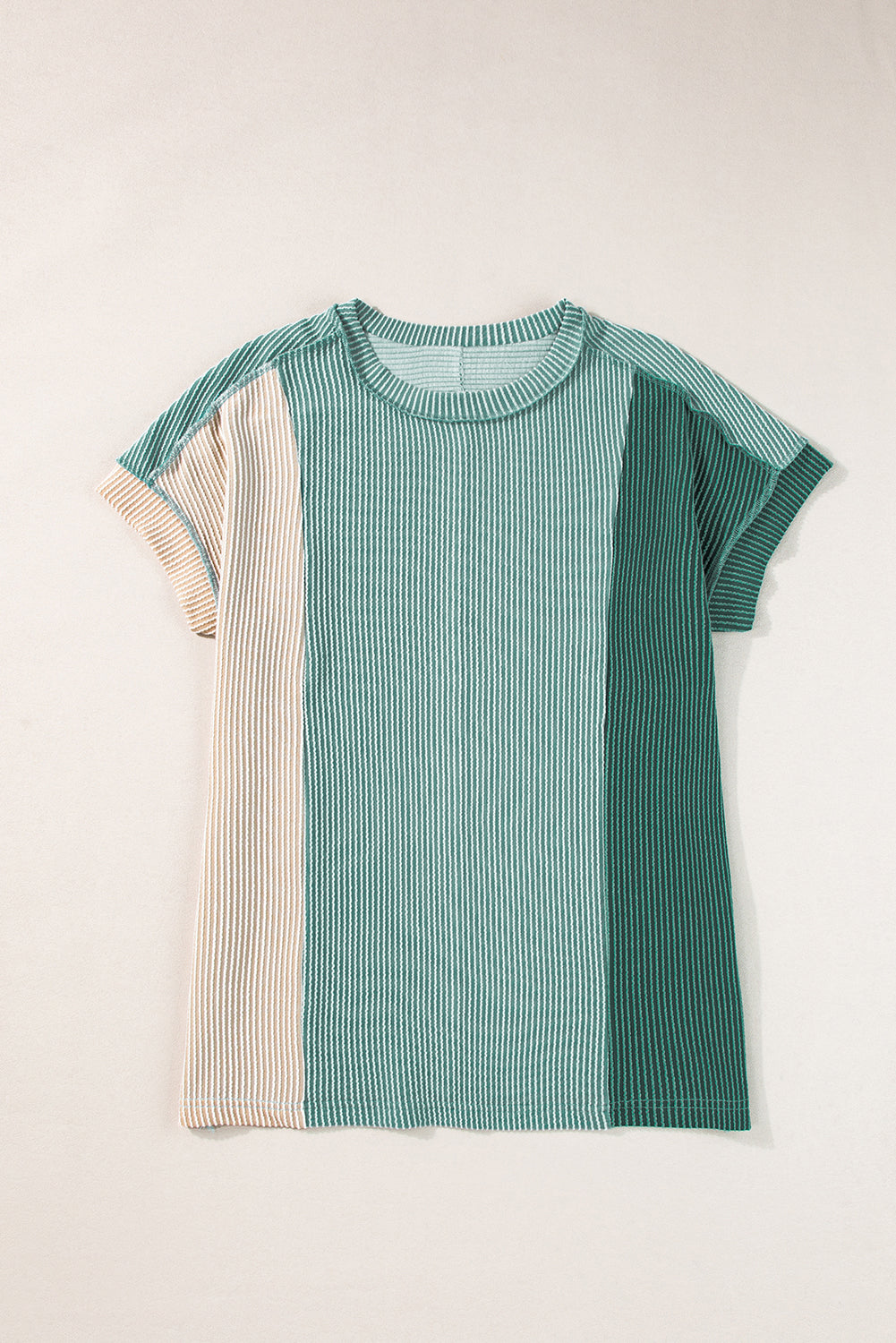 Apricot Pink Colorblock Ribbed Round Neck T Shirt