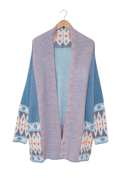 Blue Geometric Print Open Front Knit Cardigan