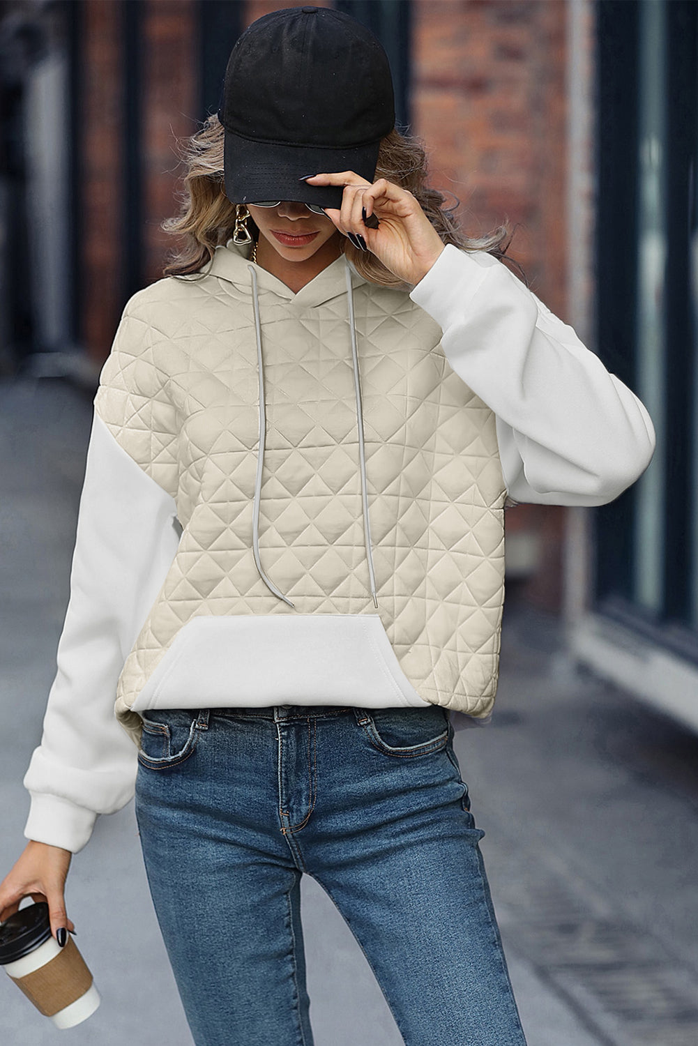 Beige Drop Shoulder Kangaroo Pocket Patchwork Quilted Hoodie