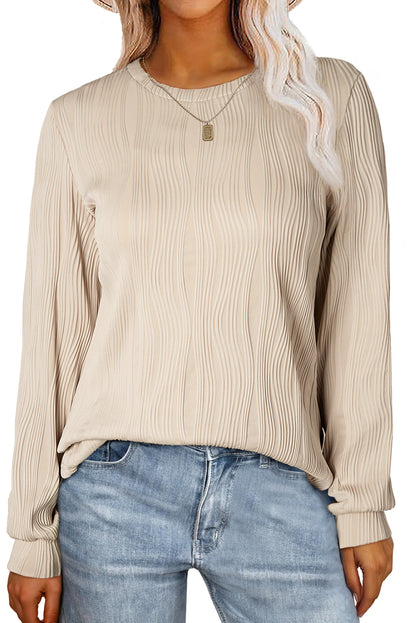 White Wavy Textured Solid Color Drop Shoulder Pullover Top