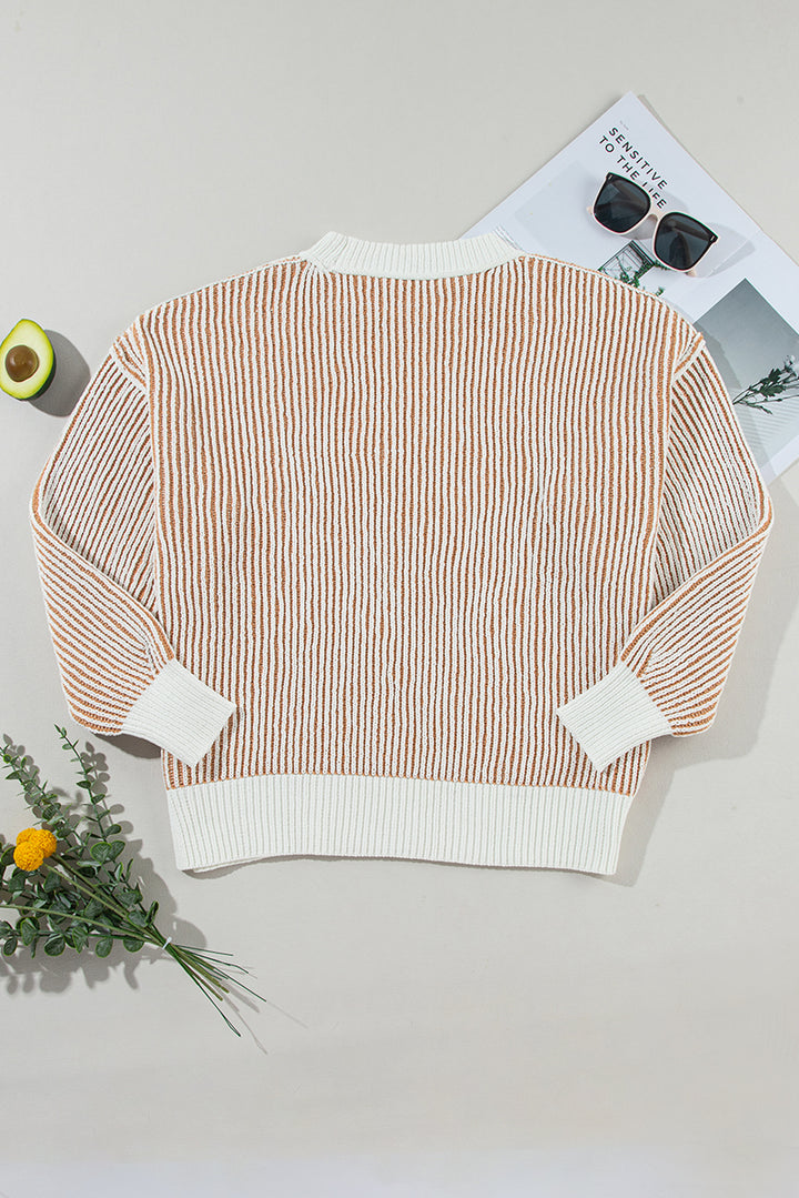 Chestnut Striped Contrast Trim Loose Sweater