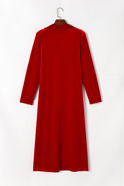 Rose Red Velvet Elegant Pocket Open Front Long Cardigan