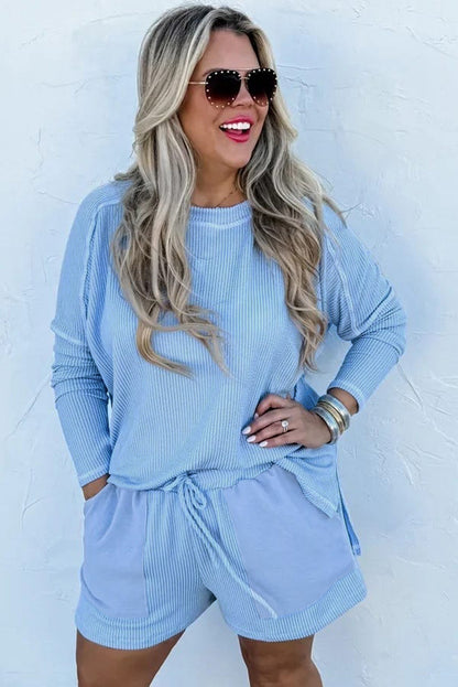 Light Blue Ribbed Long Sleeve Top and Drawstring Shorts Set