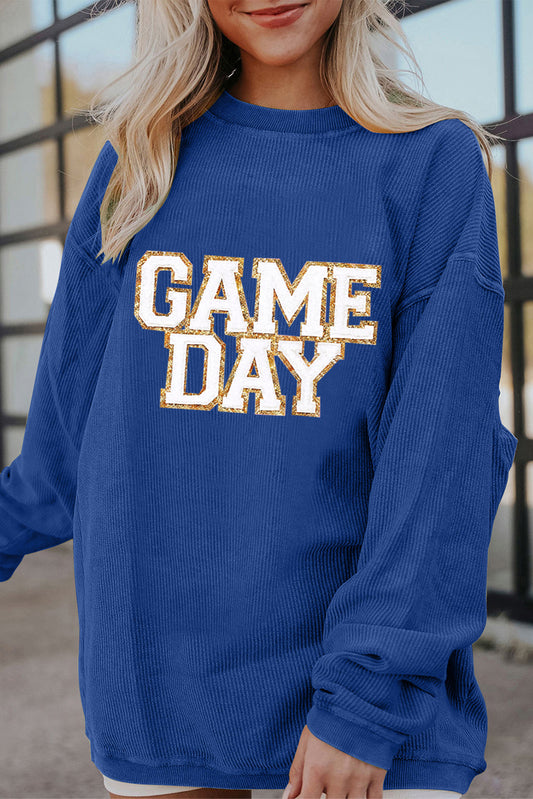 Dark Blue GAME DAY Glitter Detail Graphic Drop Shoulder Sweatshirt