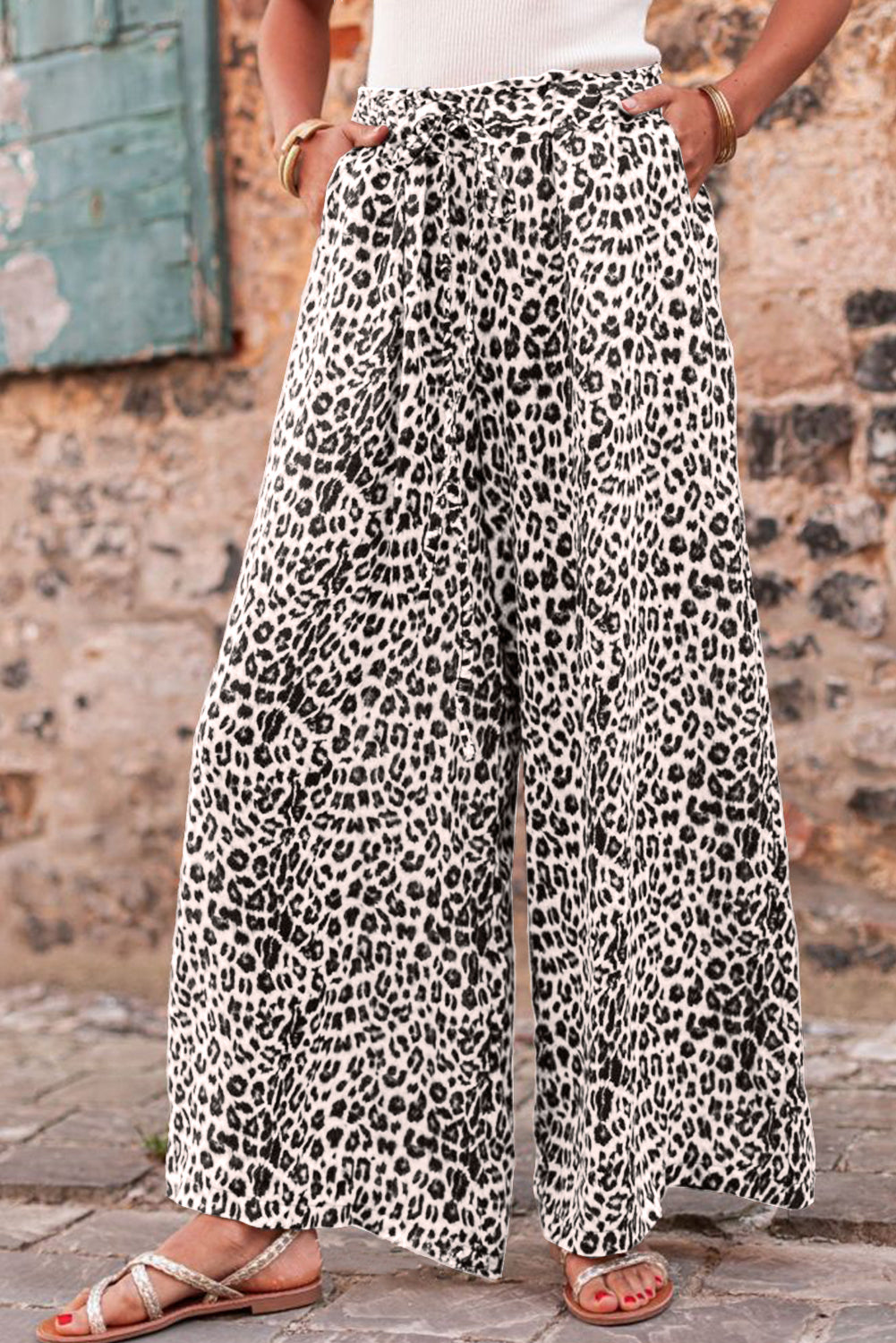 Beige Boho Leopard Print Wide Leg Pants