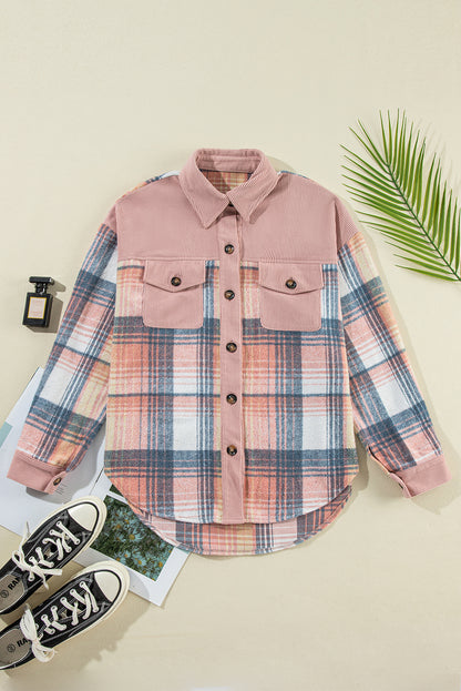 Light Pink Plaid Corduroy Patchwork Pocket Loose Shacket