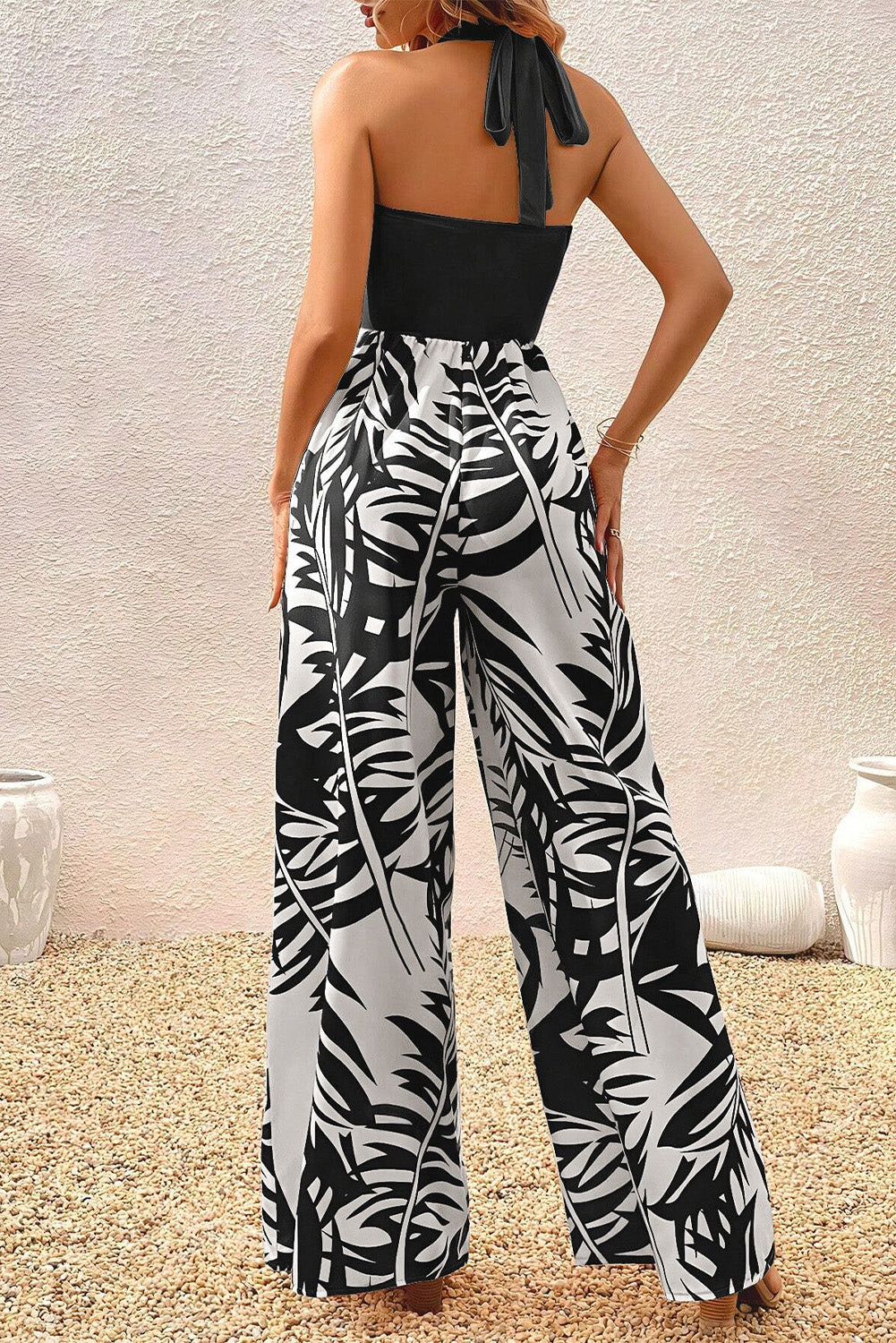 Black Halter Tropical Print Wide Leg Jumpsuit