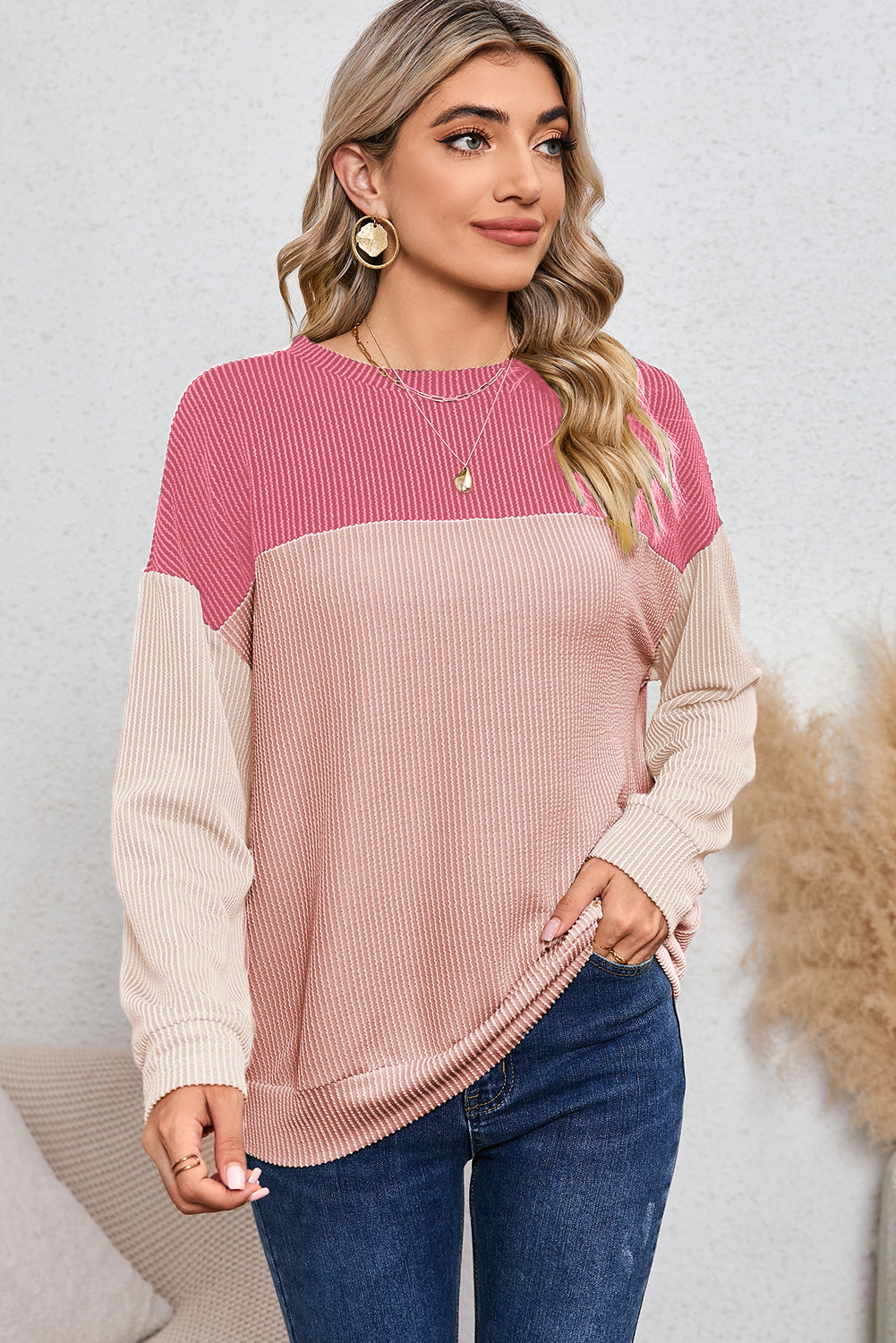 Khaki Color Block Ribbed Loose Long Sleeve Top