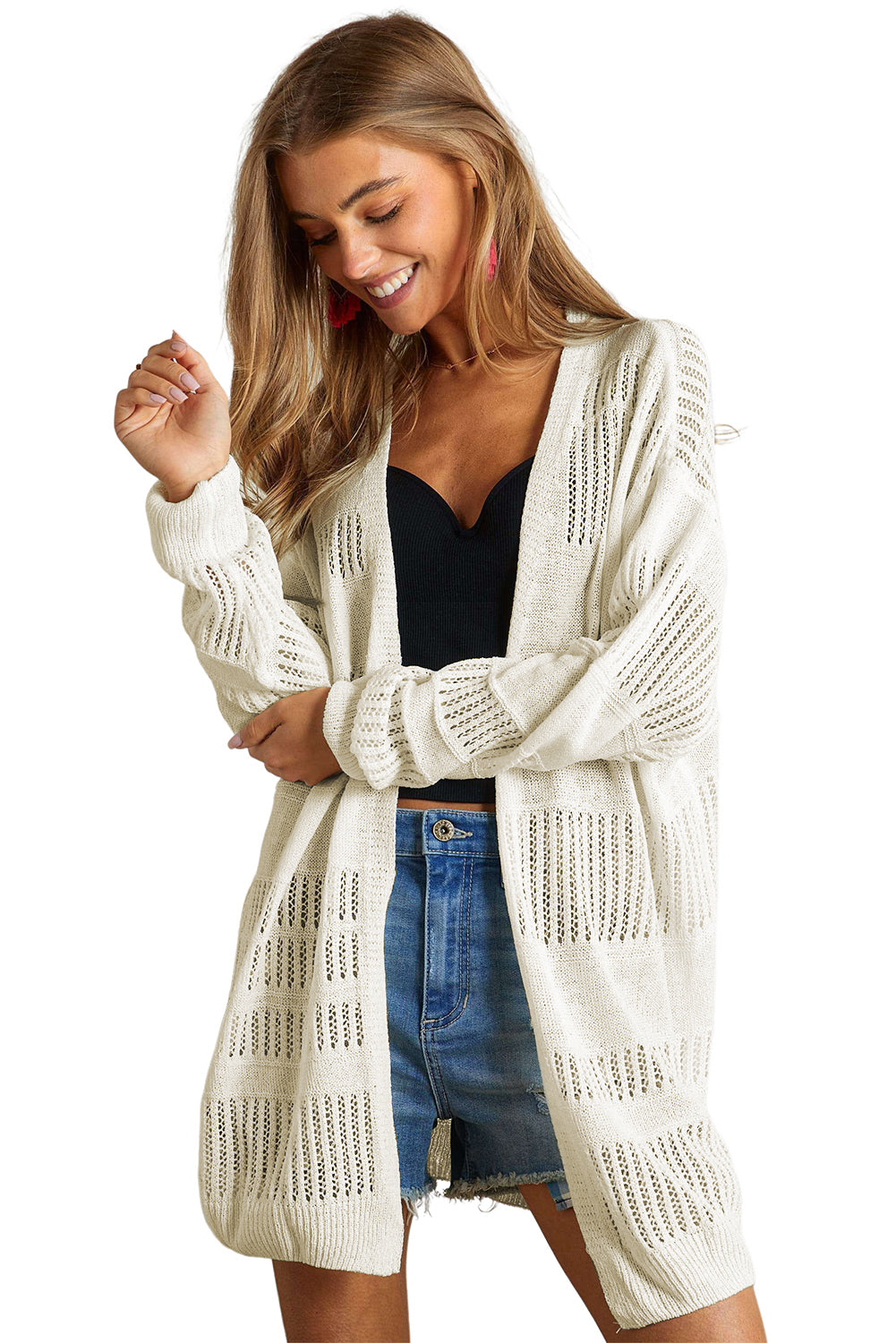 White Solid Color Open Front Knit Tunic Cardigan
