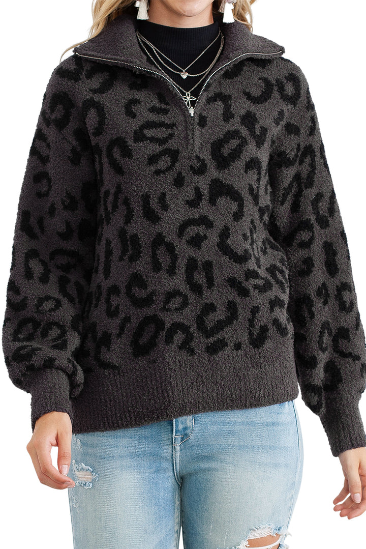 Gray Casual Animal Print Zipped Collared Sweater