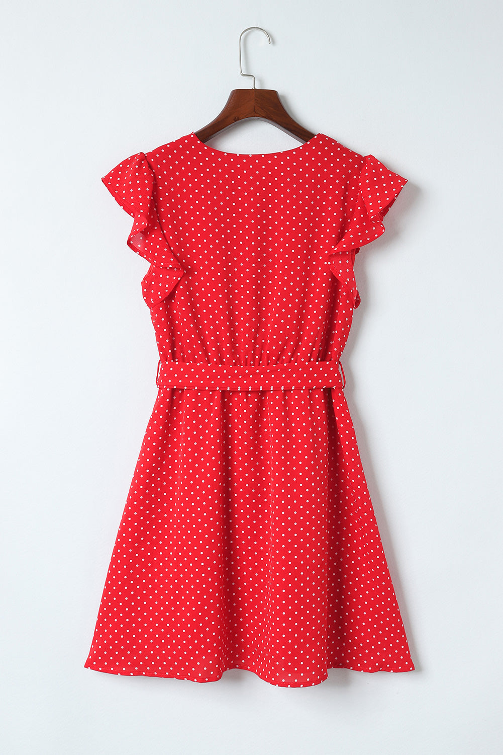 Red Polka Dot V Neck Ruffle Shoulder Short Dress
