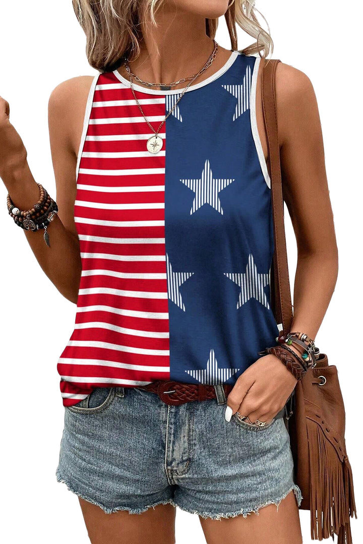 Red USA Flag Print Colorblock Round Neck Tank Top