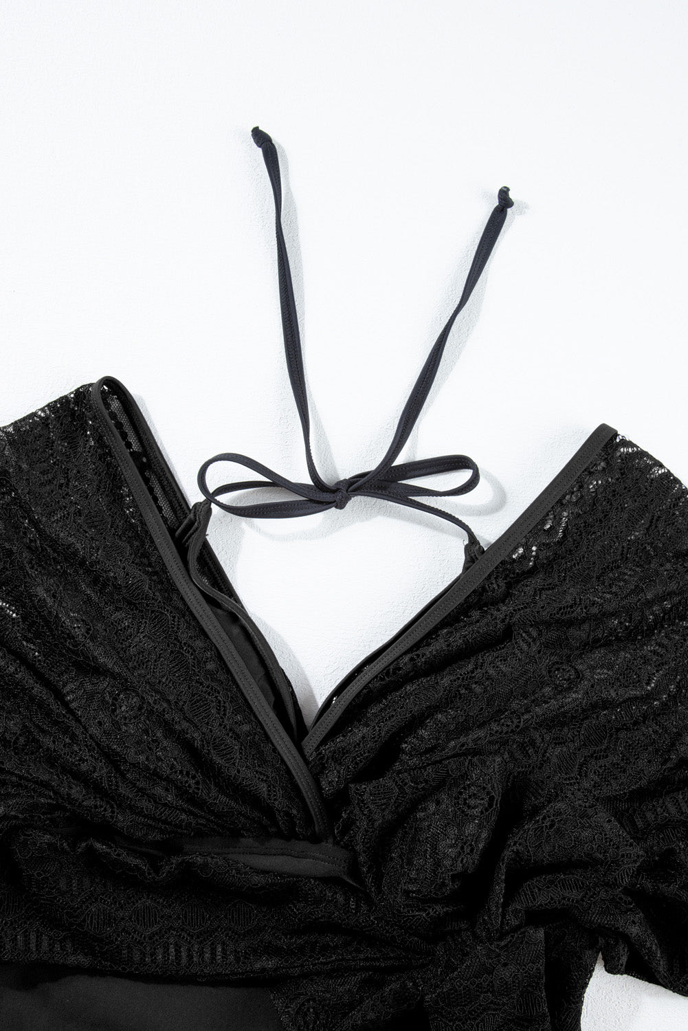 Black Lace Patchwork Short Sleeve V Neck One Piece Swimsuit