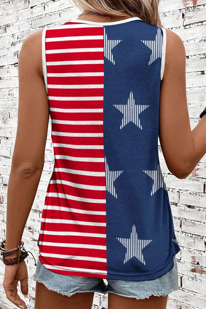 Red USA Flag Print Colorblock Round Neck Tank Top