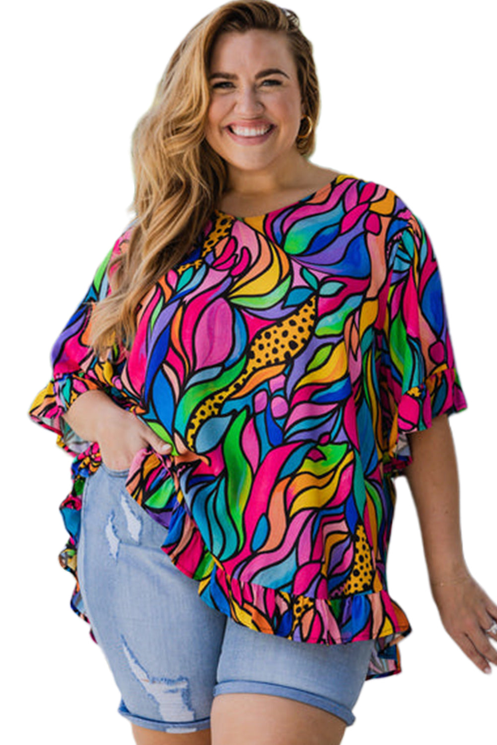 Rose Abstract Print Plus Size Frilly Trim Blouse