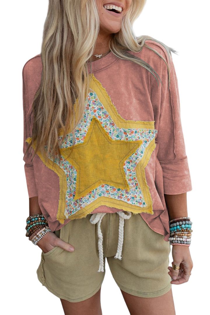 Rose Tan Floral Star Patched Exposed Seam Mineral Wash Top