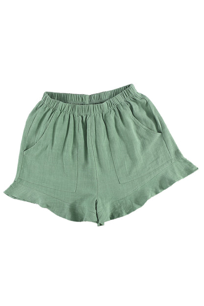 Khaki Casual Pocketed Ruffle High Waist Shorts