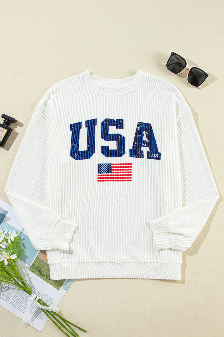 White USA Flag Print Ribbed Drop Shoulder Sweatshirt