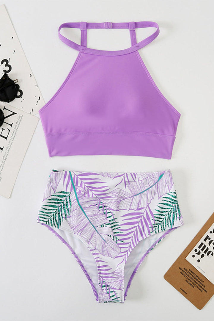 Tropical Print Back Split Color Block High Waisted Swimsuit