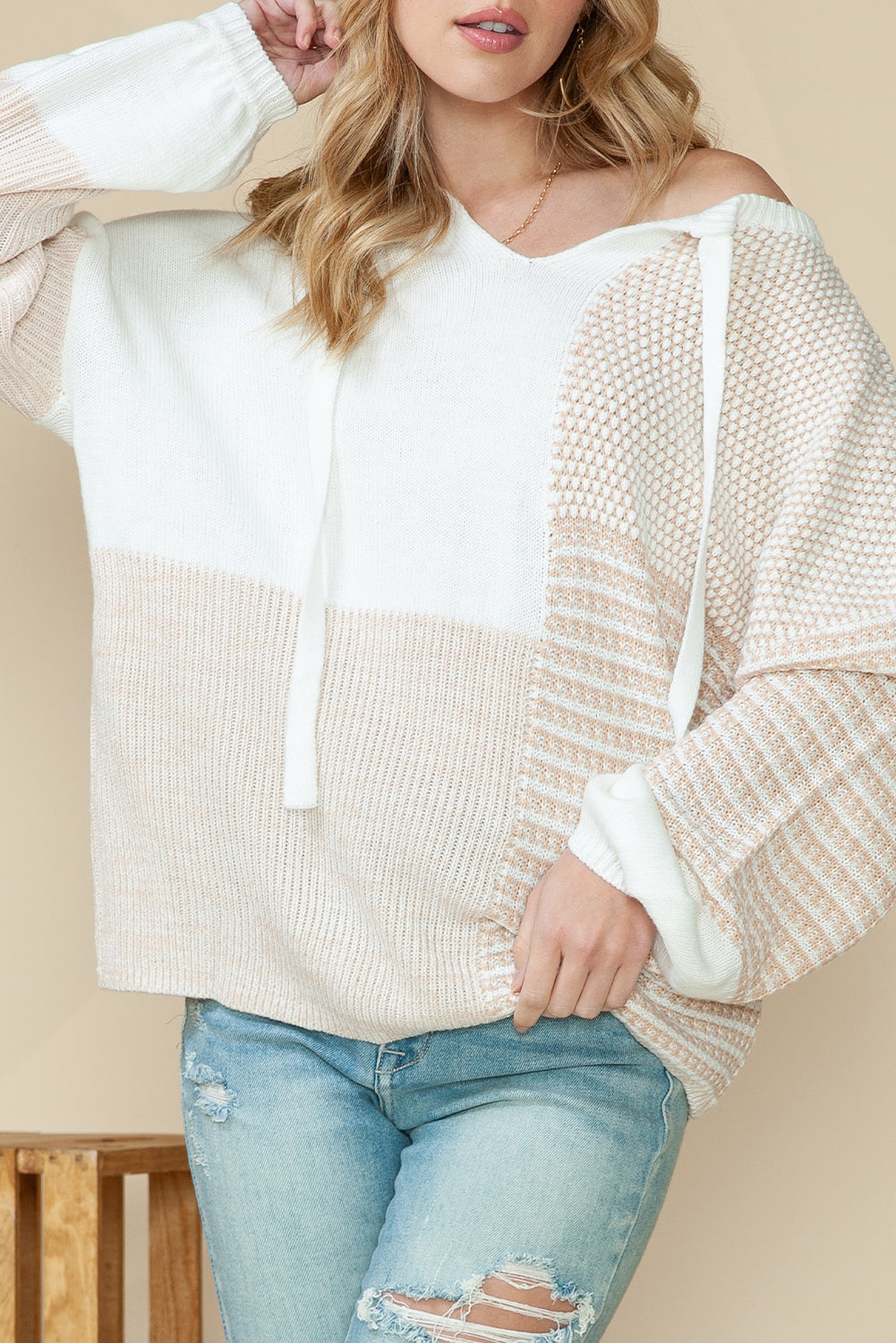 Oatmeal Mixed Pattern Knit Drop Shoulder Reversible Sweater